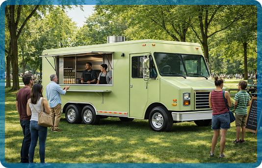Professional food truck interior, modern kitchen and service window
